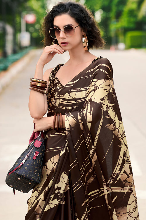 Load image into Gallery viewer, Marvellous Brown Digital Printed Satin Silk Saree With Innovative Blouse Piece
