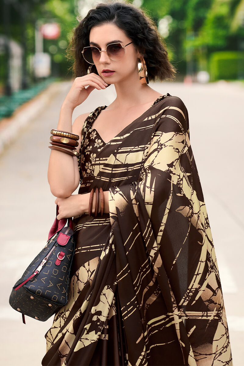 Marvellous Brown Digital Printed Satin Silk Saree With Innovative Blouse Piece