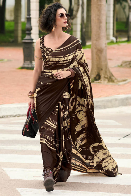 Load image into Gallery viewer, Marvellous Brown Digital Printed Satin Silk Saree With Innovative Blouse Piece
