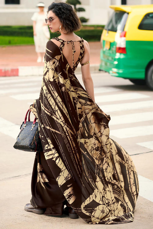 Load image into Gallery viewer, Marvellous Brown Digital Printed Satin Silk Saree With Innovative Blouse Piece
