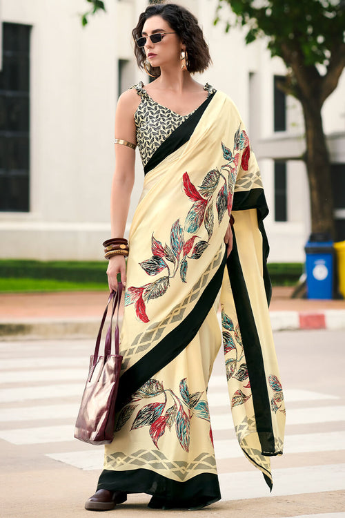 Load image into Gallery viewer, Elegant Beige Digital Printed Satin Silk Saree With Flattering Blouse Piece
