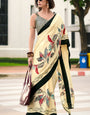 Elegant Beige Digital Printed Satin Silk Saree With Flattering Blouse Piece