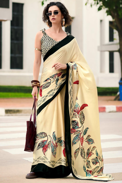 Load image into Gallery viewer, Elegant Beige Digital Printed Satin Silk Saree With Flattering Blouse Piece
