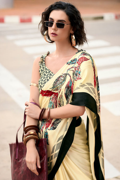 Load image into Gallery viewer, Elegant Beige Digital Printed Satin Silk Saree With Flattering Blouse Piece
