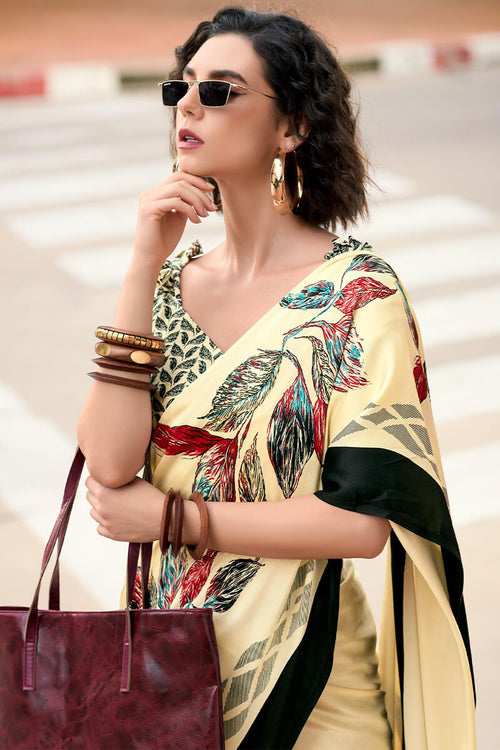 Load image into Gallery viewer, Elegant Beige Digital Printed Satin Silk Saree With Flattering Blouse Piece
