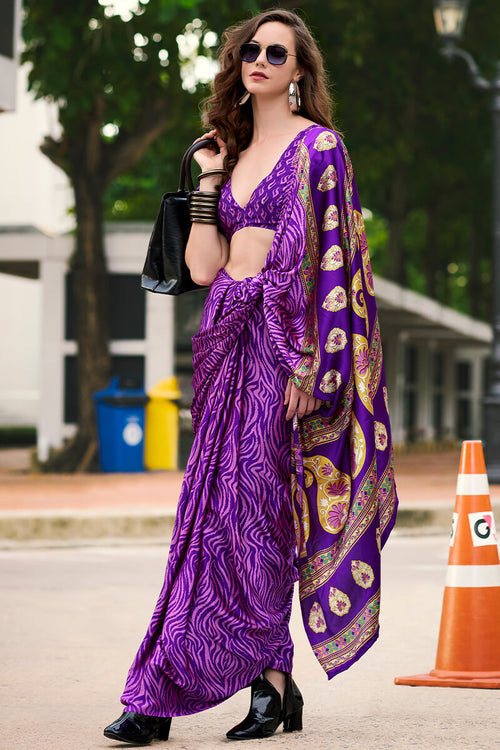 Load image into Gallery viewer, Amazing Purple Digital Printed Satin Silk Saree With Pretty Blouse Piece
