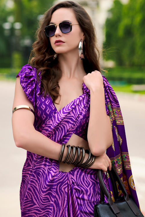 Load image into Gallery viewer, Amazing Purple Digital Printed Satin Silk Saree With Pretty Blouse Piece
