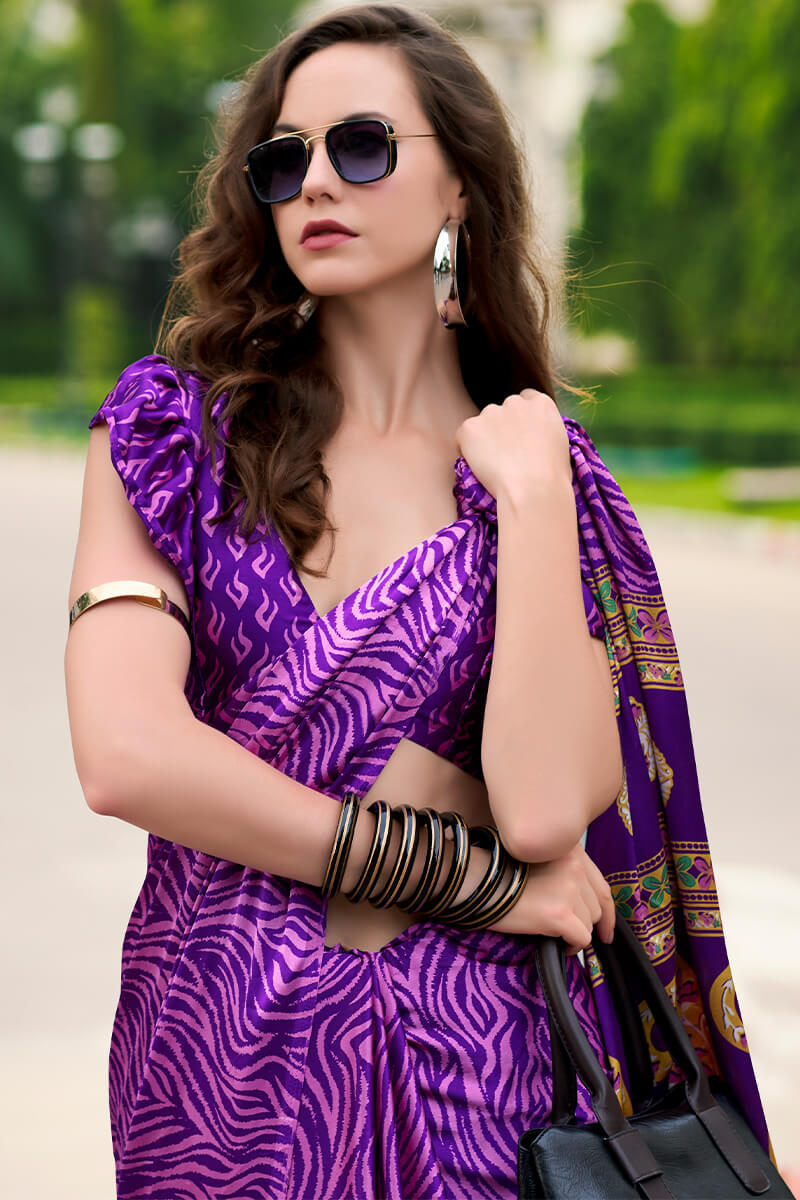 Amazing Purple Digital Printed Satin Silk Saree With Pretty Blouse Piece