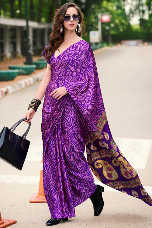 Load image into Gallery viewer, Amazing Purple Digital Printed Satin Silk Saree With Pretty Blouse Piece
