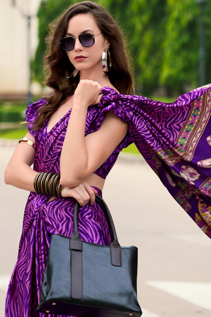 Amazing Purple Digital Printed Satin Silk Saree With Pretty Blouse Piece