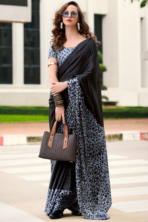 Load image into Gallery viewer, Classy Black Digital Printed Satin Silk Saree With Precious Blouse Piece
