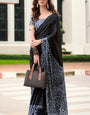 Classy Black Digital Printed Satin Silk Saree With Precious Blouse Piece