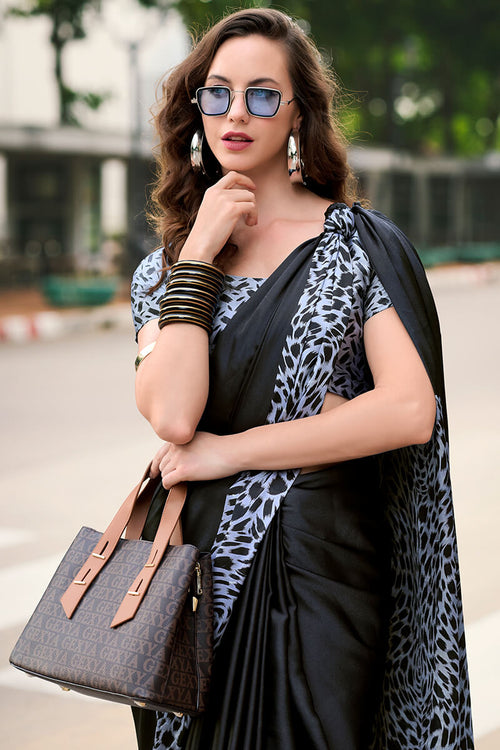 Load image into Gallery viewer, Classy Black Digital Printed Satin Silk Saree With Precious Blouse Piece
