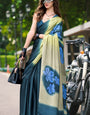 Extraordinary Dark Green Digital Printed Satin Silk Saree With Lovely Blouse Piece