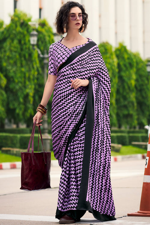 Load image into Gallery viewer, Sophisticated Lavender Digital Printed Satin Silk Saree With Gleaming Blouse Piece
