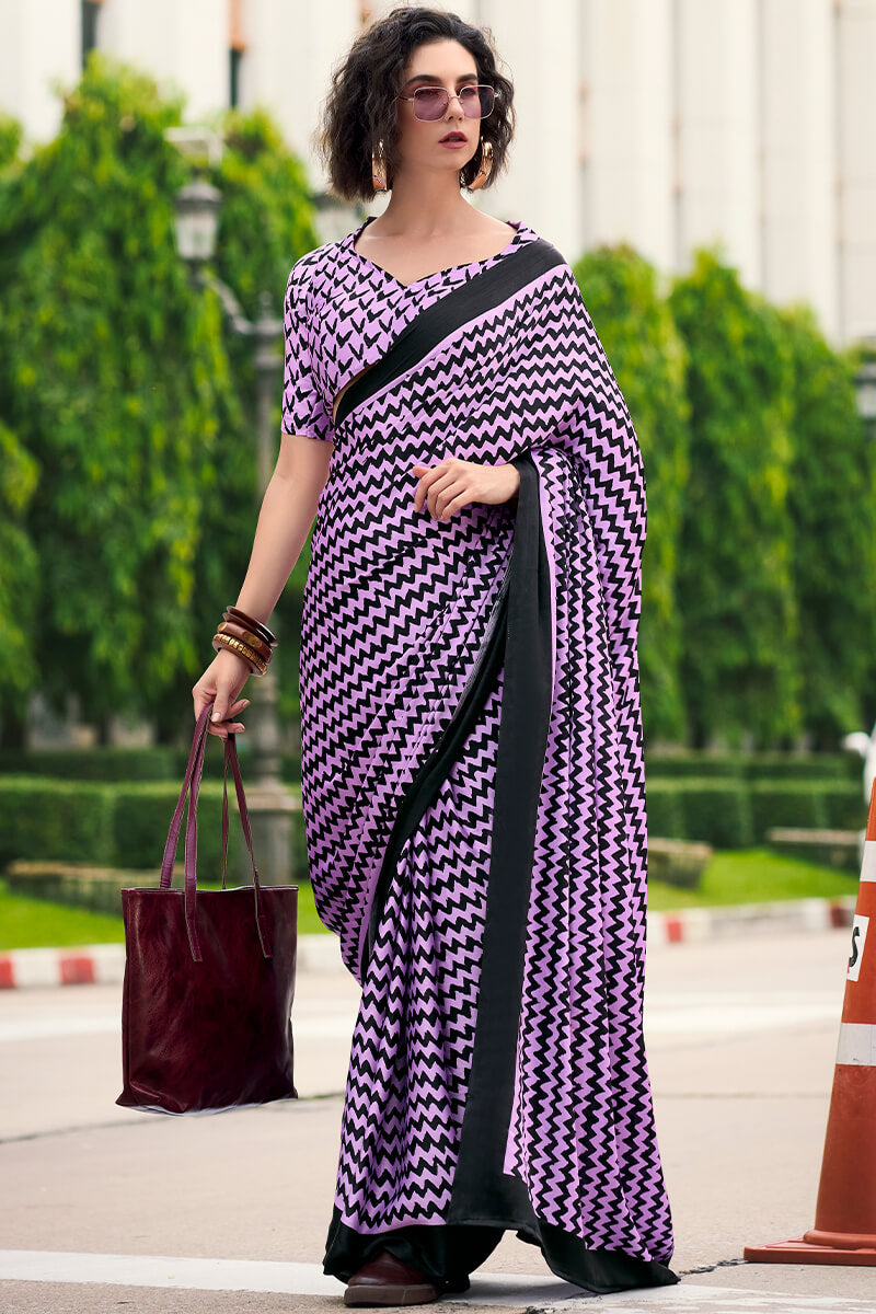 Sophisticated Lavender Digital Printed Satin Silk Saree With Gleaming Blouse Piece