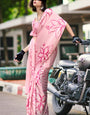 Energetic Baby Pink Digital Printed Satin Silk Saree With Attractive Blouse Piece