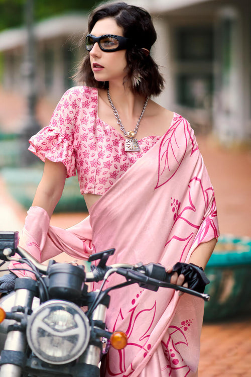 Load image into Gallery viewer, Energetic Baby Pink Digital Printed Satin Silk Saree With Attractive Blouse Piece
