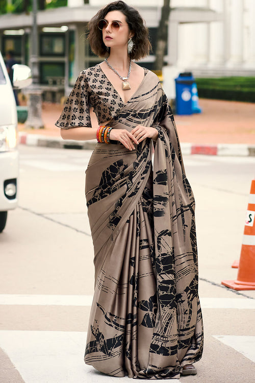 Load image into Gallery viewer, Flaunt Light Brown Digital Printed Satin Silk Saree With Refreshing Blouse Piece
