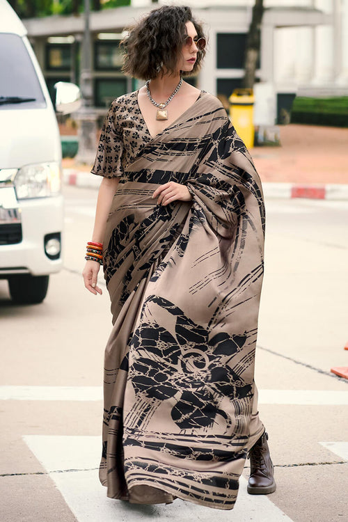 Load image into Gallery viewer, Flaunt Light Brown Digital Printed Satin Silk Saree With Refreshing Blouse Piece
