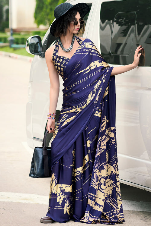 Load image into Gallery viewer, Flaunt Navy Blue Digital Printed Satin Silk Saree With Sensational Blouse Piece
