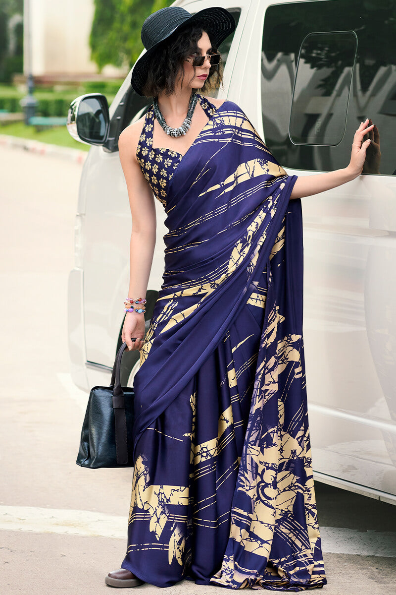 Flaunt Navy Blue Digital Printed Satin Silk Saree With Sensational Blouse Piece