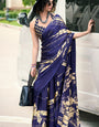 Flaunt Navy Blue Digital Printed Satin Silk Saree With Sensational Blouse Piece