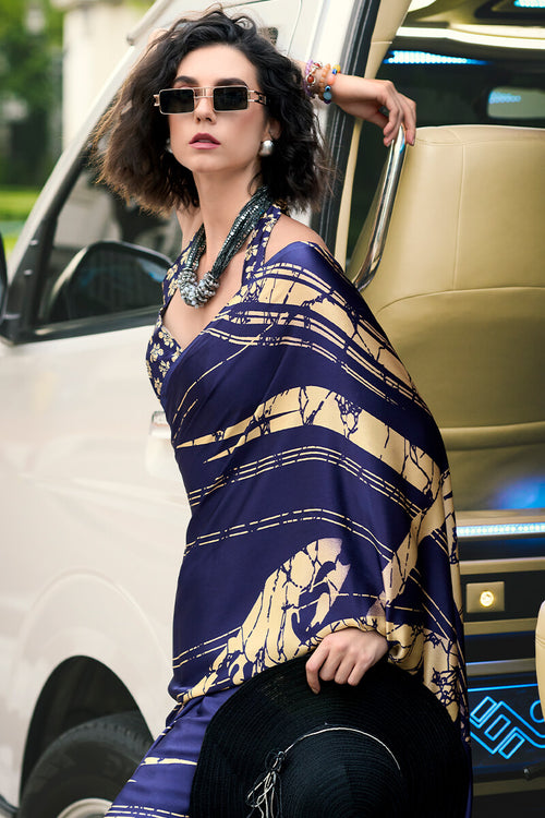 Load image into Gallery viewer, Flaunt Navy Blue Digital Printed Satin Silk Saree With Sensational Blouse Piece
