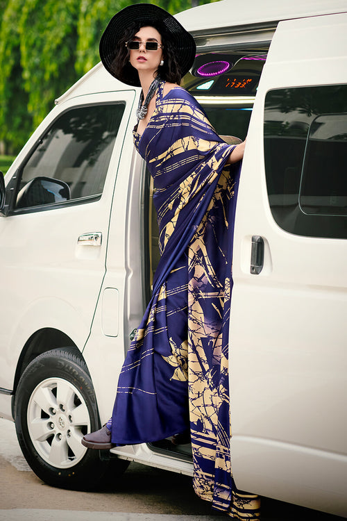 Load image into Gallery viewer, Flaunt Navy Blue Digital Printed Satin Silk Saree With Sensational Blouse Piece
