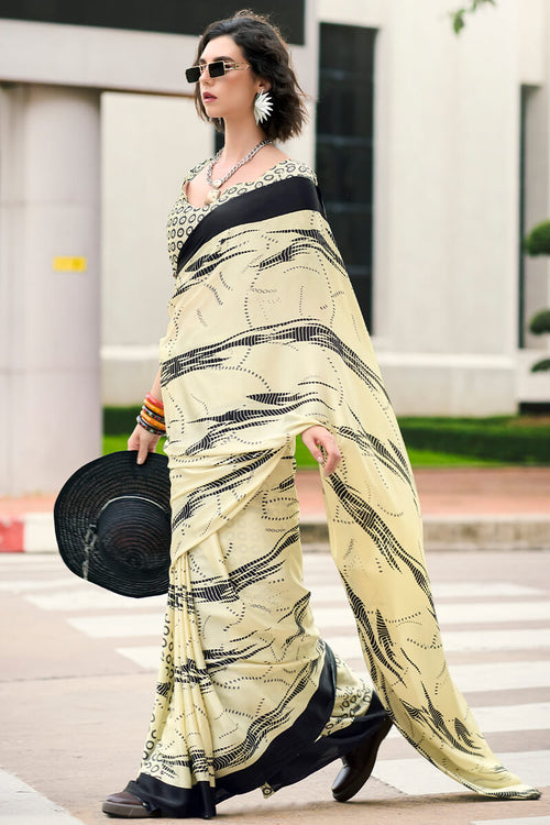 Load image into Gallery viewer, Sizzling Beige Digital Printed Satin Silk Saree With Gorgeous Blouse Piece
