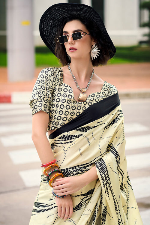 Load image into Gallery viewer, Sizzling Beige Digital Printed Satin Silk Saree With Gorgeous Blouse Piece
