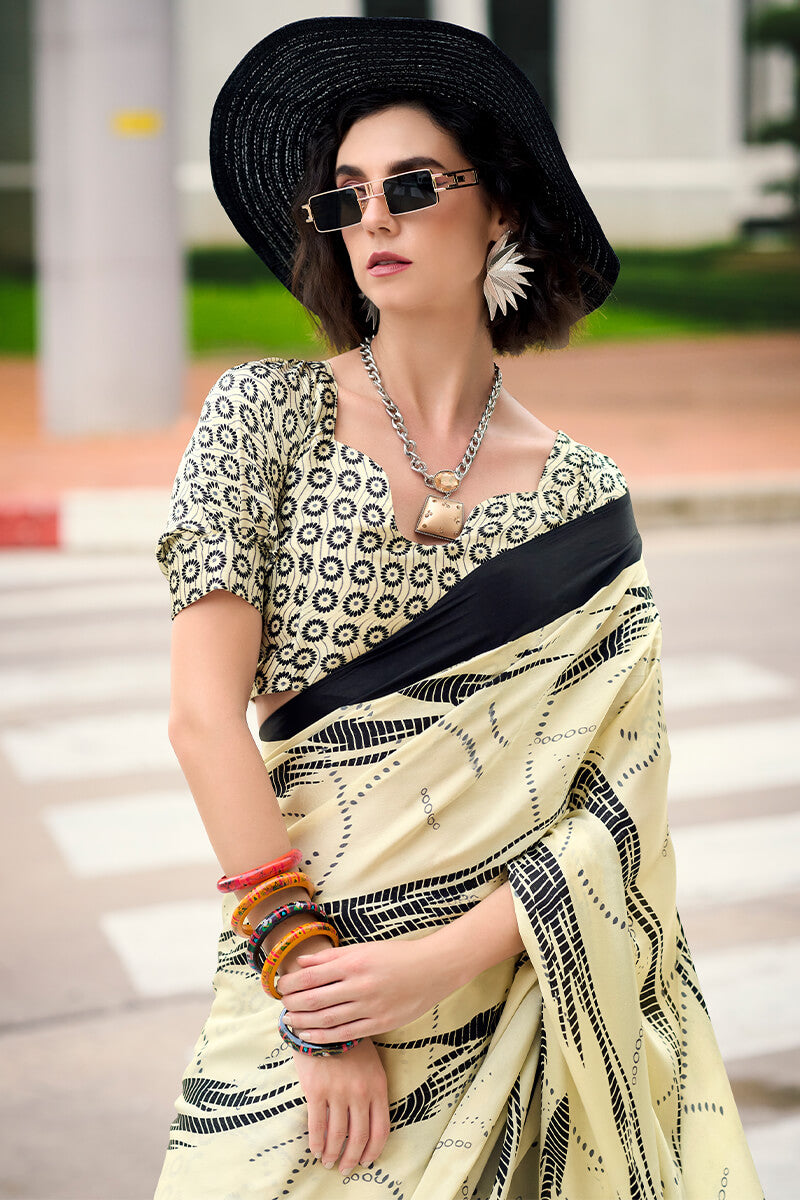 Sizzling Beige Digital Printed Satin Silk Saree With Gorgeous Blouse Piece