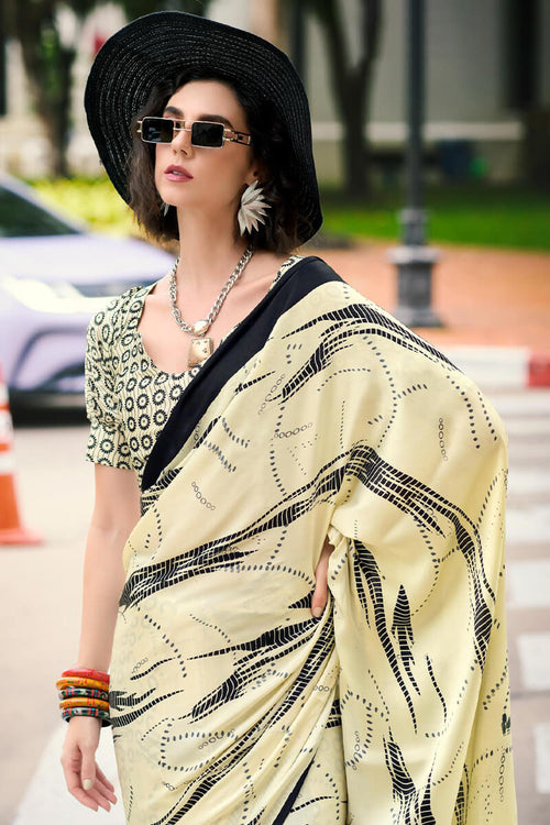 Load image into Gallery viewer, Sizzling Beige Digital Printed Satin Silk Saree With Gorgeous Blouse Piece
