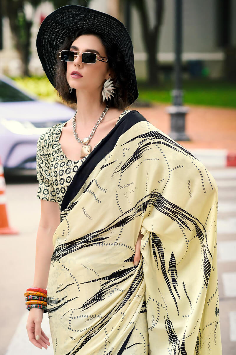 Sizzling Beige Digital Printed Satin Silk Saree With Gorgeous Blouse Piece