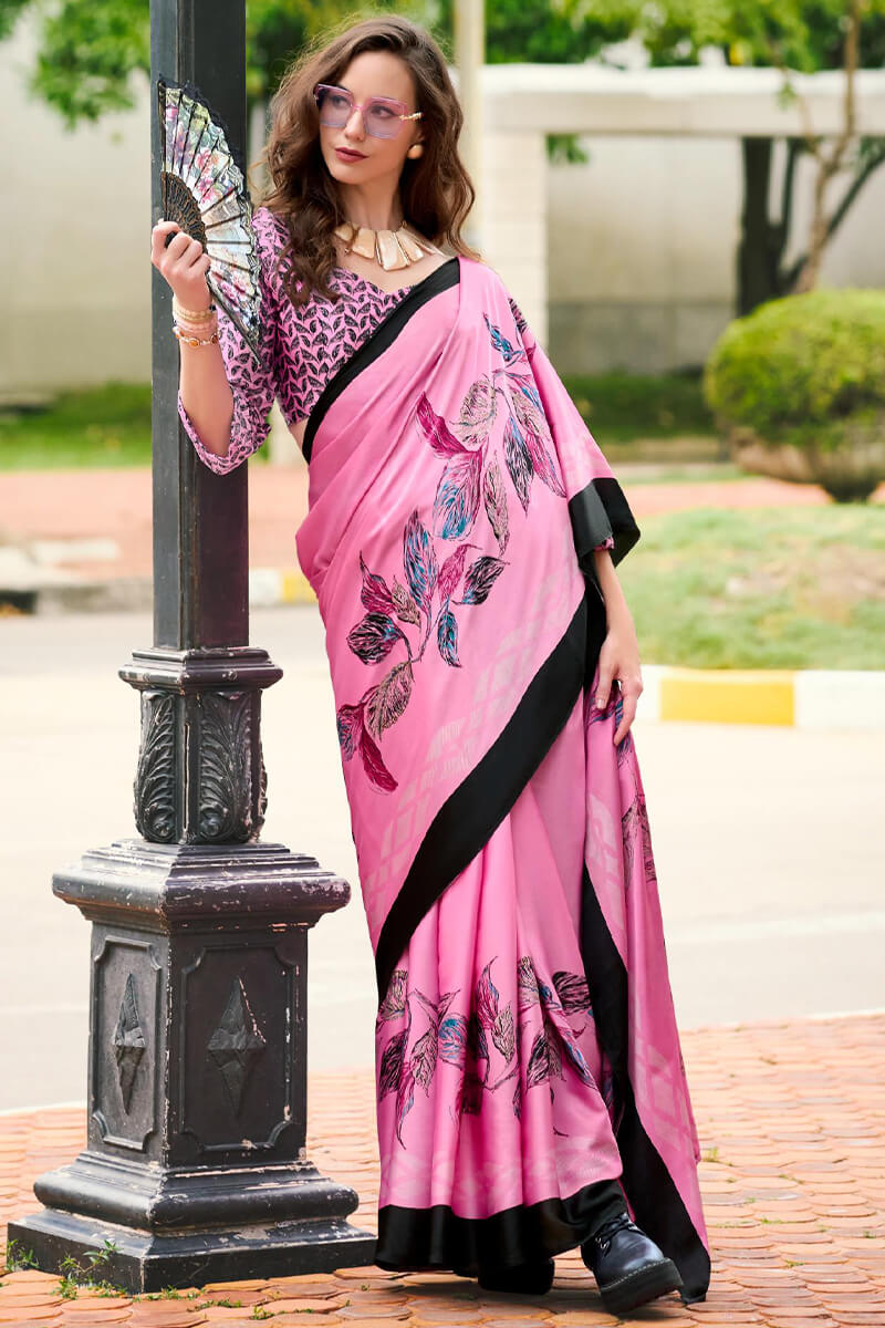 Alluring Pink Digital Printed Satin Silk Saree With Wonderful Blouse Piece