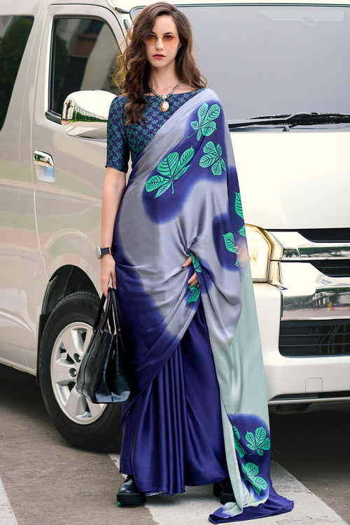 Load image into Gallery viewer, Skinny Grey and Blue Digital Printed Satin Silk Saree With Capricious Blouse Piece
