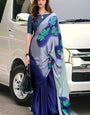 Skinny Grey and Blue Digital Printed Satin Silk Saree With Capricious Blouse Piece