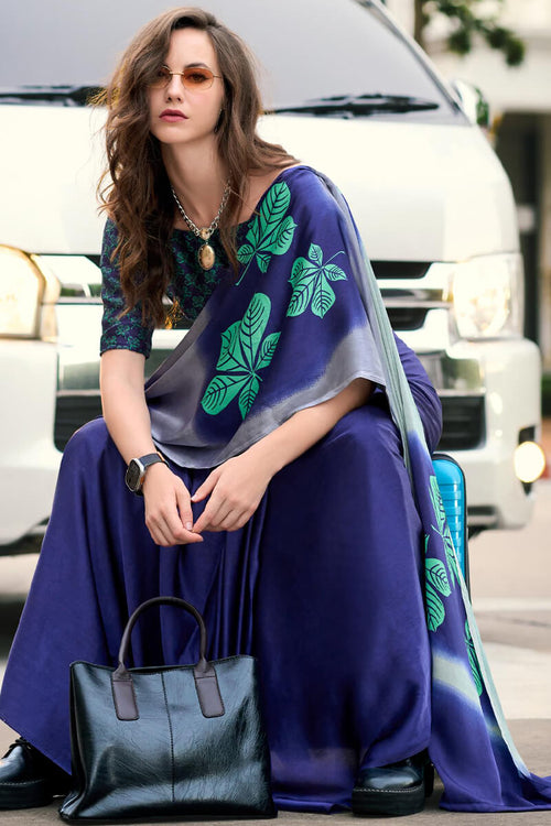 Load image into Gallery viewer, Skinny Grey and Blue Digital Printed Satin Silk Saree With Capricious Blouse Piece
