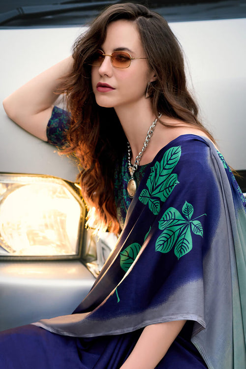 Load image into Gallery viewer, Skinny Grey and Blue Digital Printed Satin Silk Saree With Capricious Blouse Piece
