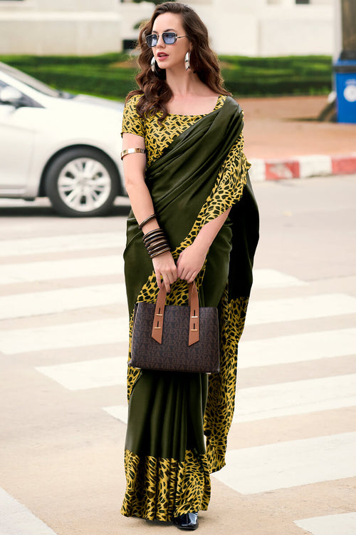 Load image into Gallery viewer, Adorning Dark Green Digital Printed Satin Silk Saree With Unique Blouse Piece
