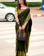 Adorning Dark Green Digital Printed Satin Silk Saree With Unique Blouse Piece