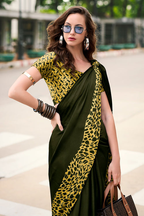 Load image into Gallery viewer, Adorning Dark Green Digital Printed Satin Silk Saree With Unique Blouse Piece
