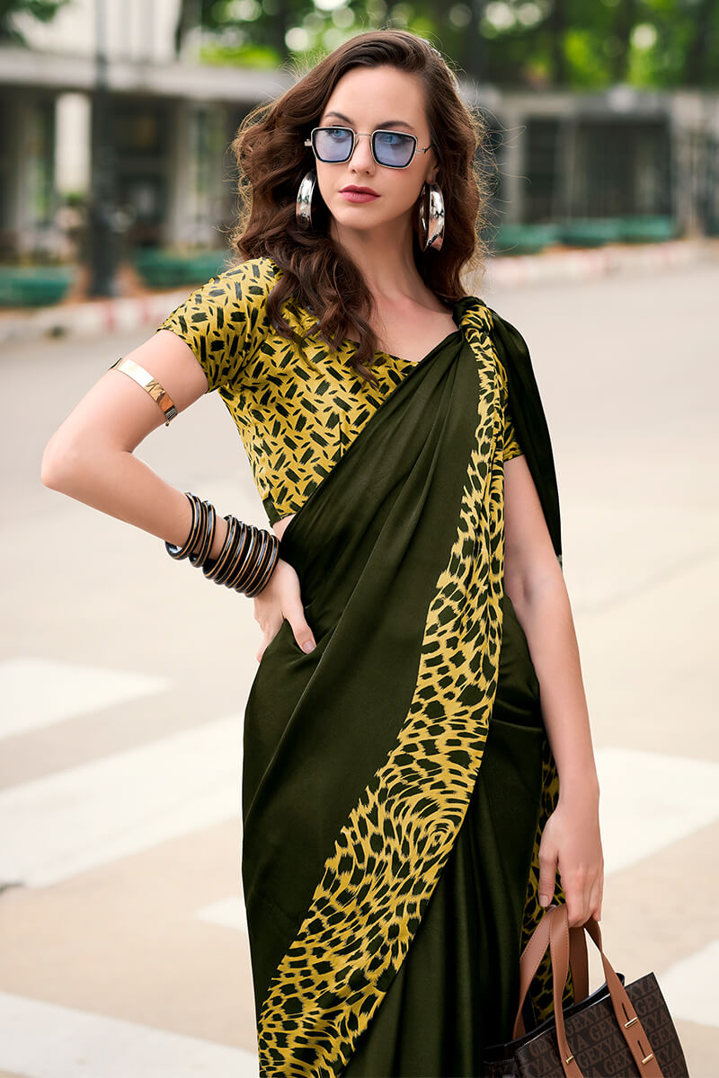 Adorning Dark Green Digital Printed Satin Silk Saree With Unique Blouse Piece