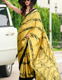 Dazzling Yellow Digital Printed Satin Silk Saree With Gratifying Blouse Piece