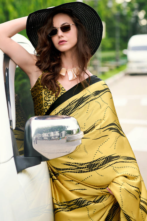 Load image into Gallery viewer, Dazzling Yellow Digital Printed Satin Silk Saree With Gratifying Blouse Piece
