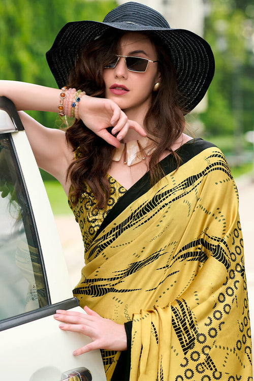 Load image into Gallery viewer, Dazzling Yellow Digital Printed Satin Silk Saree With Gratifying Blouse Piece
