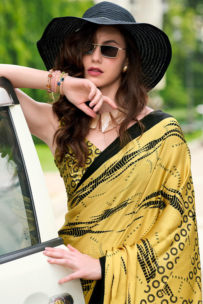 Dazzling Yellow Digital Printed Satin Silk Saree With Gratifying Blouse Piece