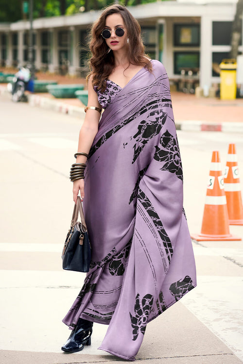 Load image into Gallery viewer, Phenomenal Lavender Digital Printed Satin Silk Saree With Outstanding Blouse Piece
