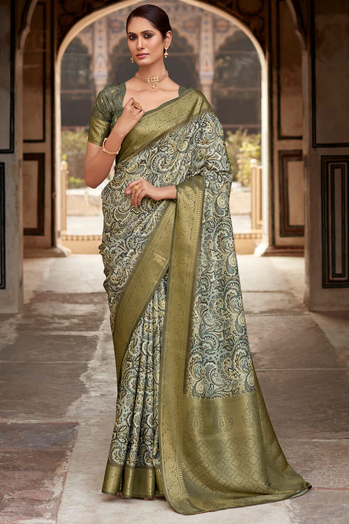 Load image into Gallery viewer, Nemesis Grey Digital Printed Soft Silk Saree With Radiant Blouse Piece
