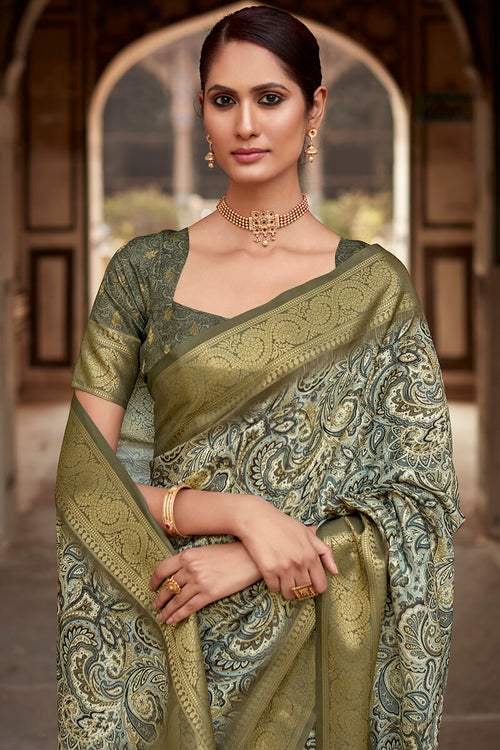 Load image into Gallery viewer, Nemesis Grey Digital Printed Soft Silk Saree With Radiant Blouse Piece
